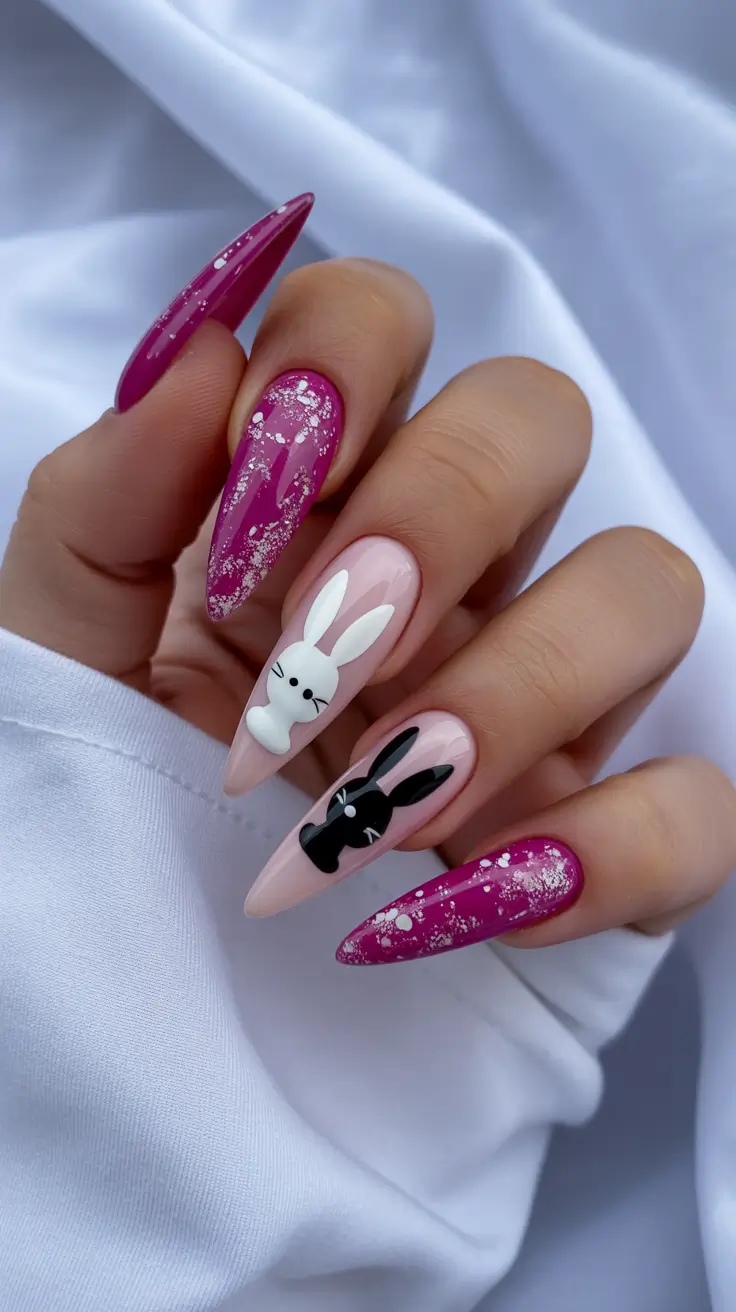 easter nails ideas 2026 Bold Pink Glitter Bunny Accent Nails