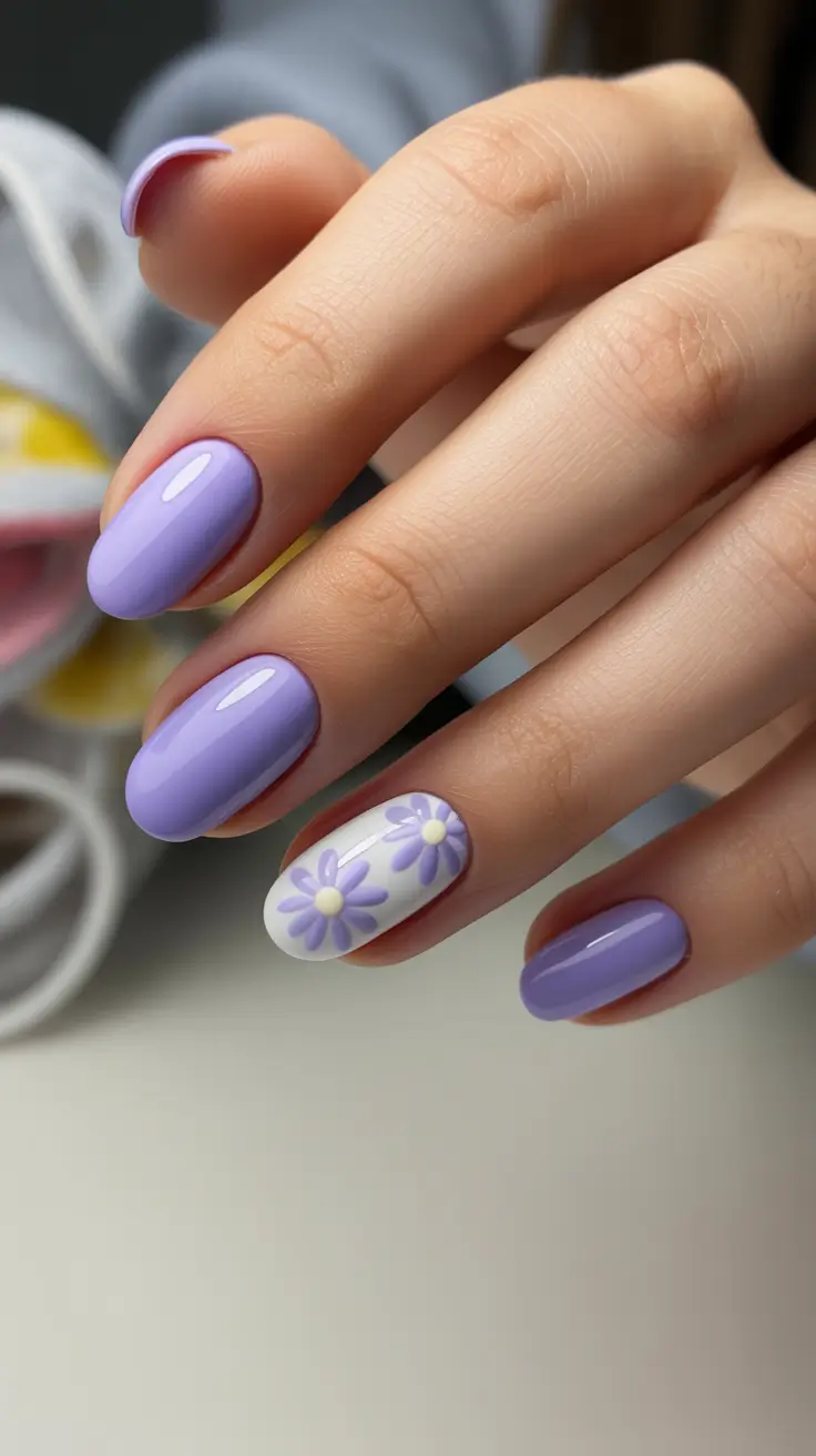 easter nails ideas 2026 Lavender Daisy Spring Nails