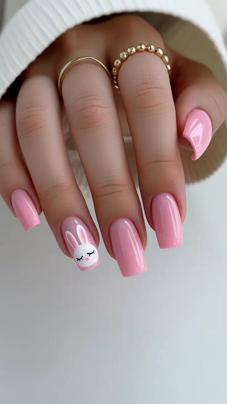 easter nails ideas 2026 Soft Pink Bunny Accent Nails With Playful Easter Charm