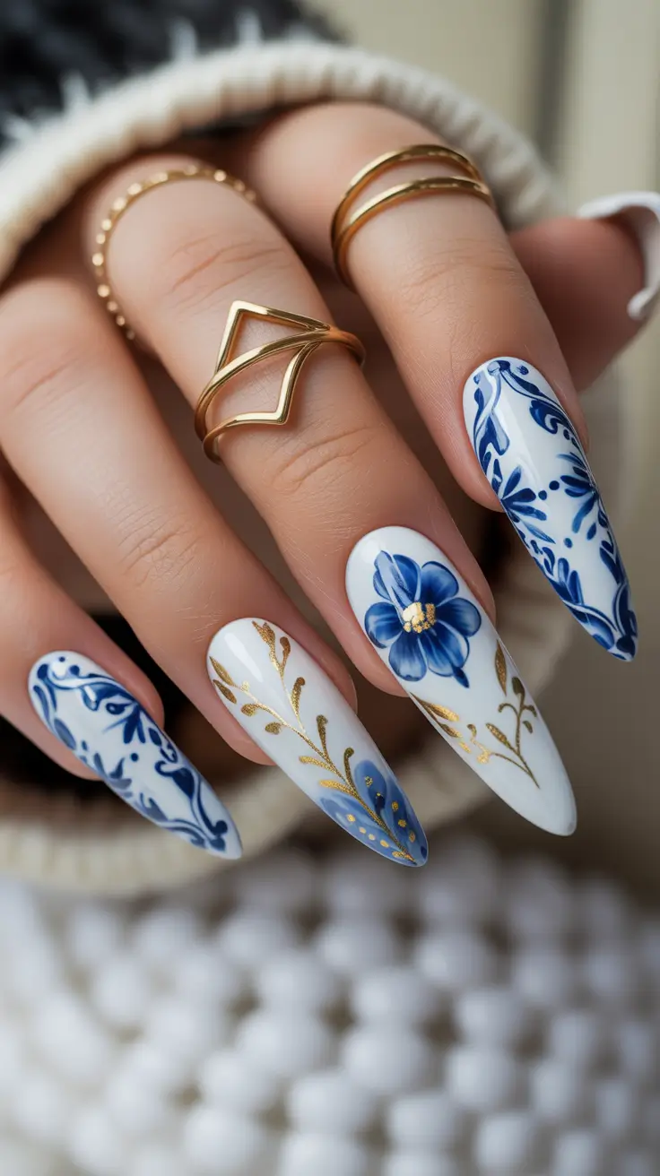 easter nails ideas 2026 Elegant Blue Floral Porcelain Inspired Nails