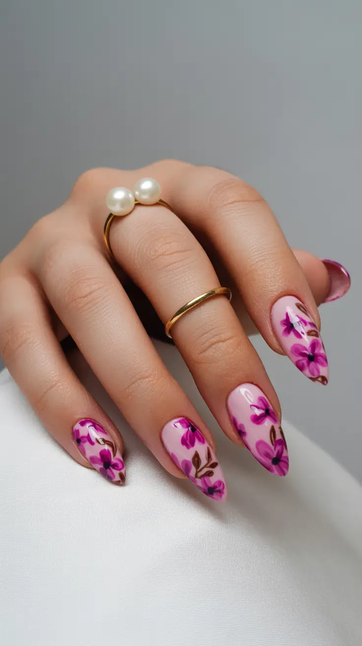 easter nails ideas 2026 Romantic Pink Floral Garden Nails