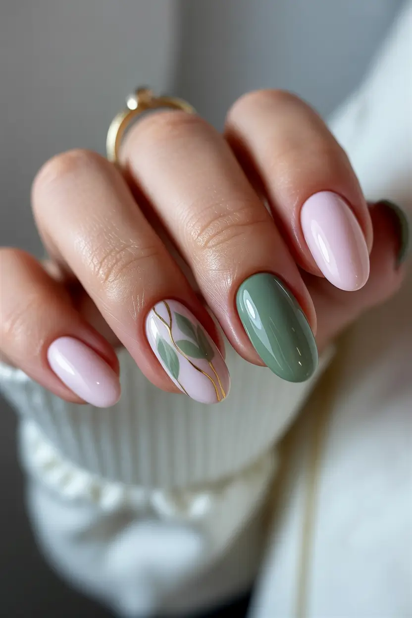 spring oval nails Soft Sage And Blush Botanical Elegance
