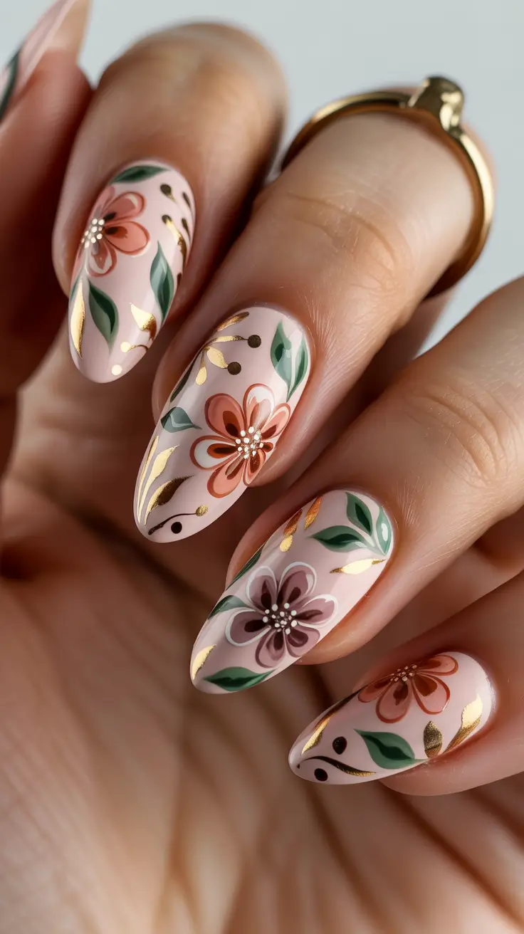 spring oval nails Romantic Blush Floral With Gold Accents