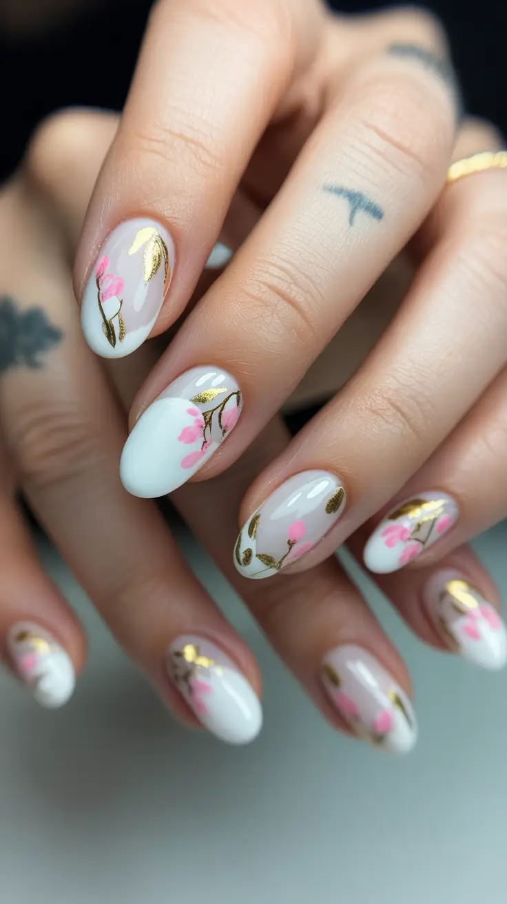 spring oval nails Soft White Base With Pink Blossoms And Gold Touches