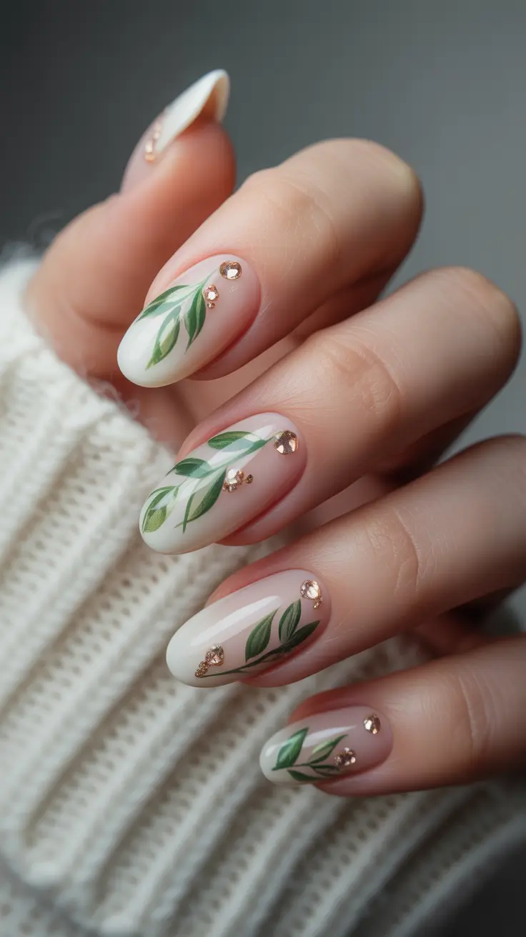 spring oval nails Botanical Green With Crystal Accents