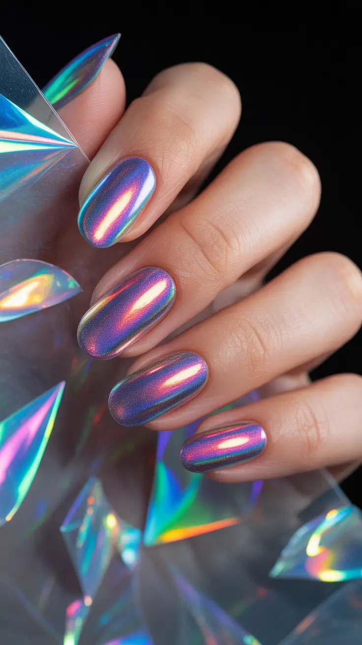 spring oval nails Holographic Chrome Energy For Bright Spring Days