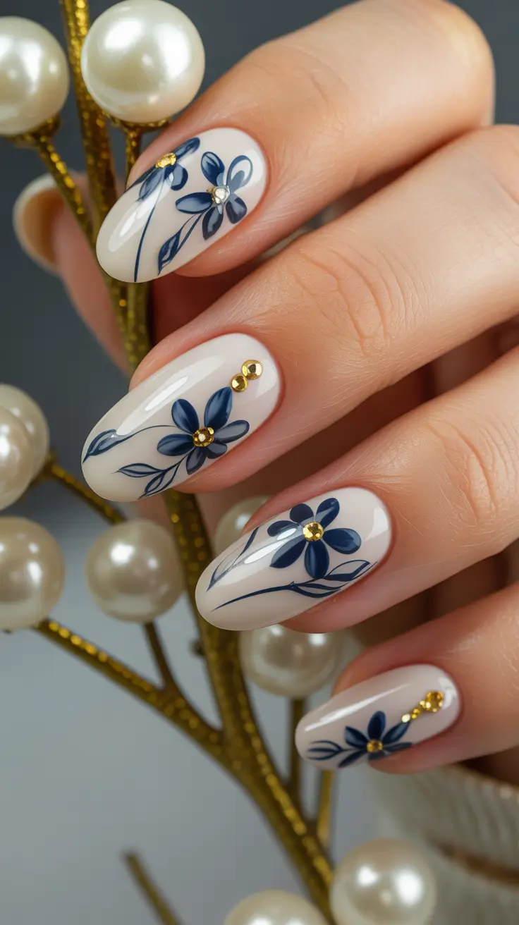 spring oval nails Blue Floral Porcelain Inspired Spring Nails