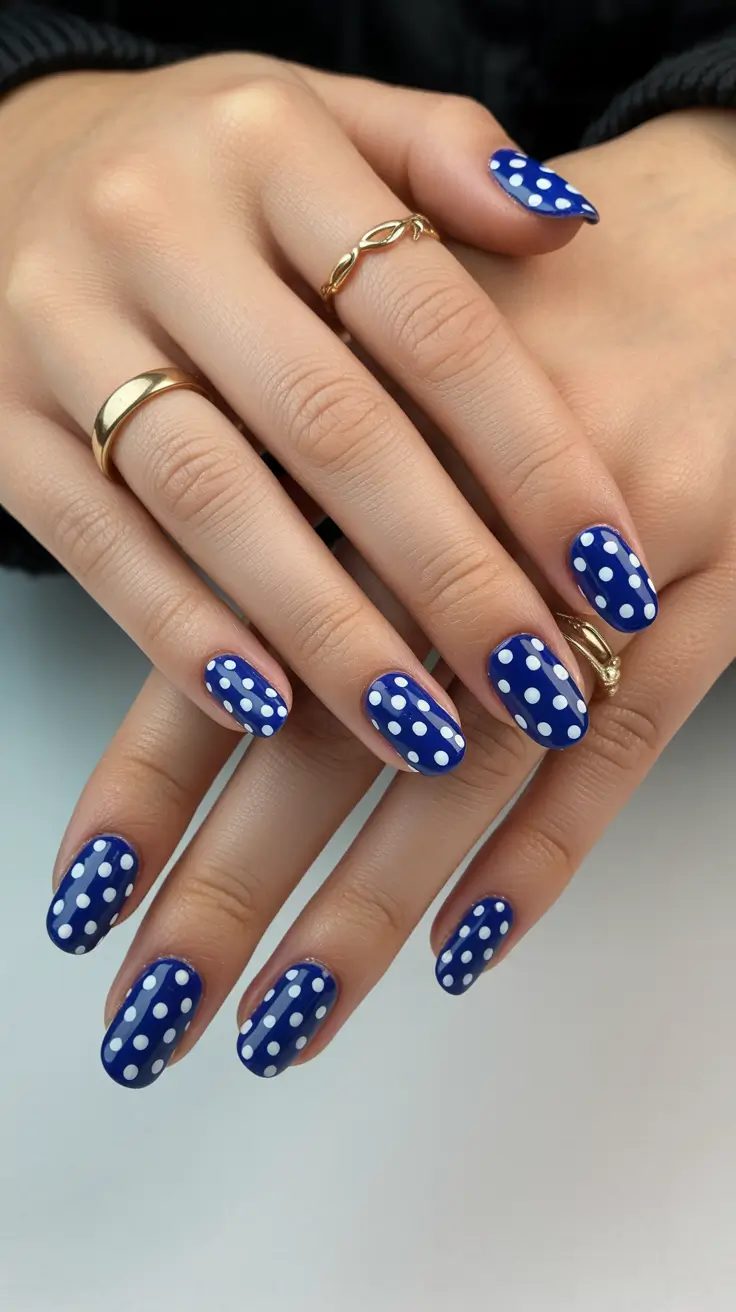 spring oval nails Classic Blue Polka Dot Revival