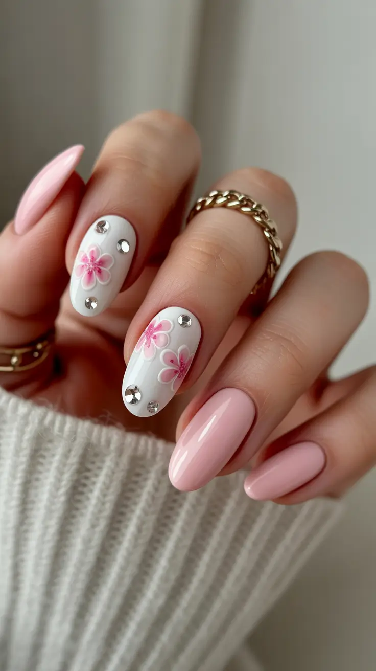 spring oval nails Romantic Pink Floral Elegance With Soft Dimension
