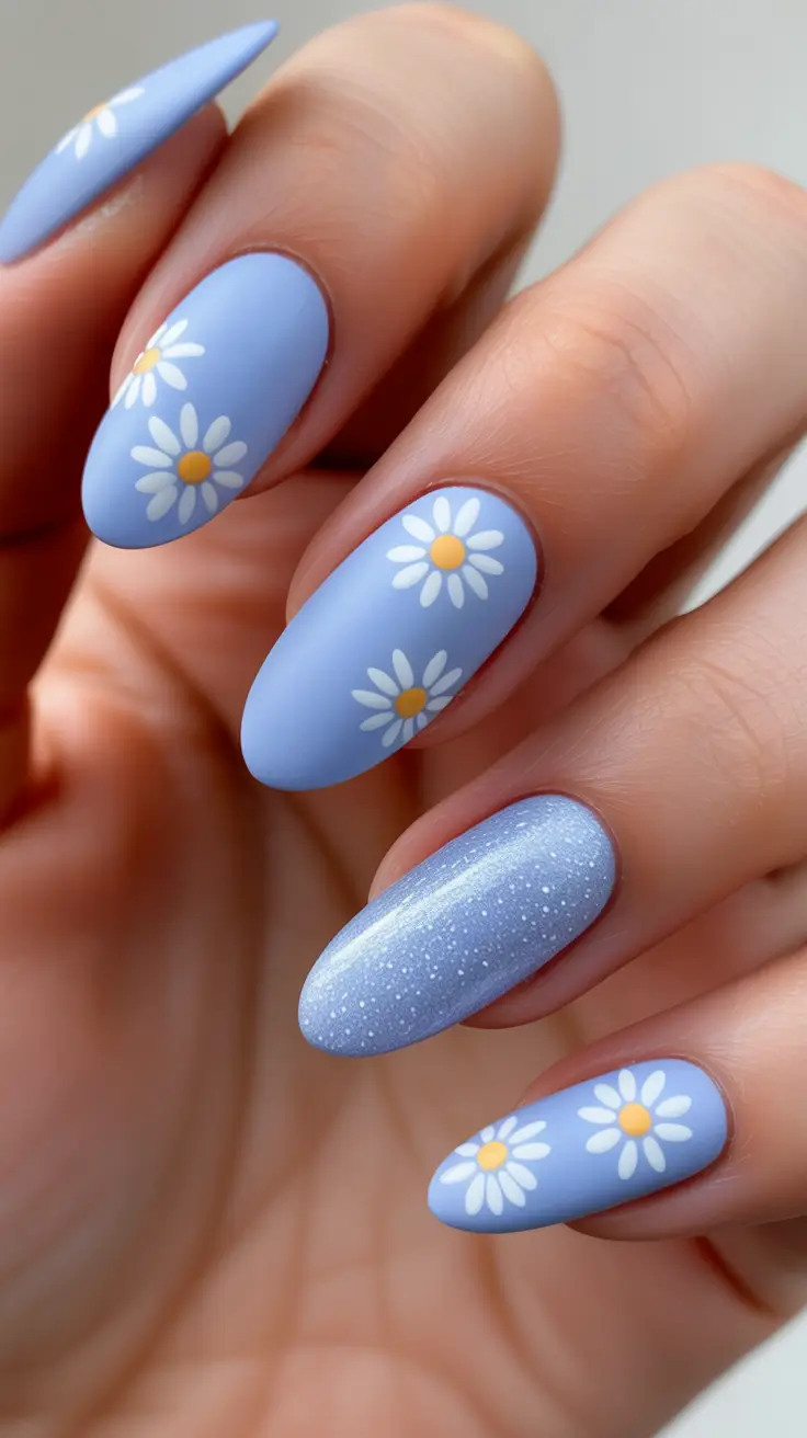 spring oval nails Pastel Blue Daisy Nails That Capture True Spring Mood