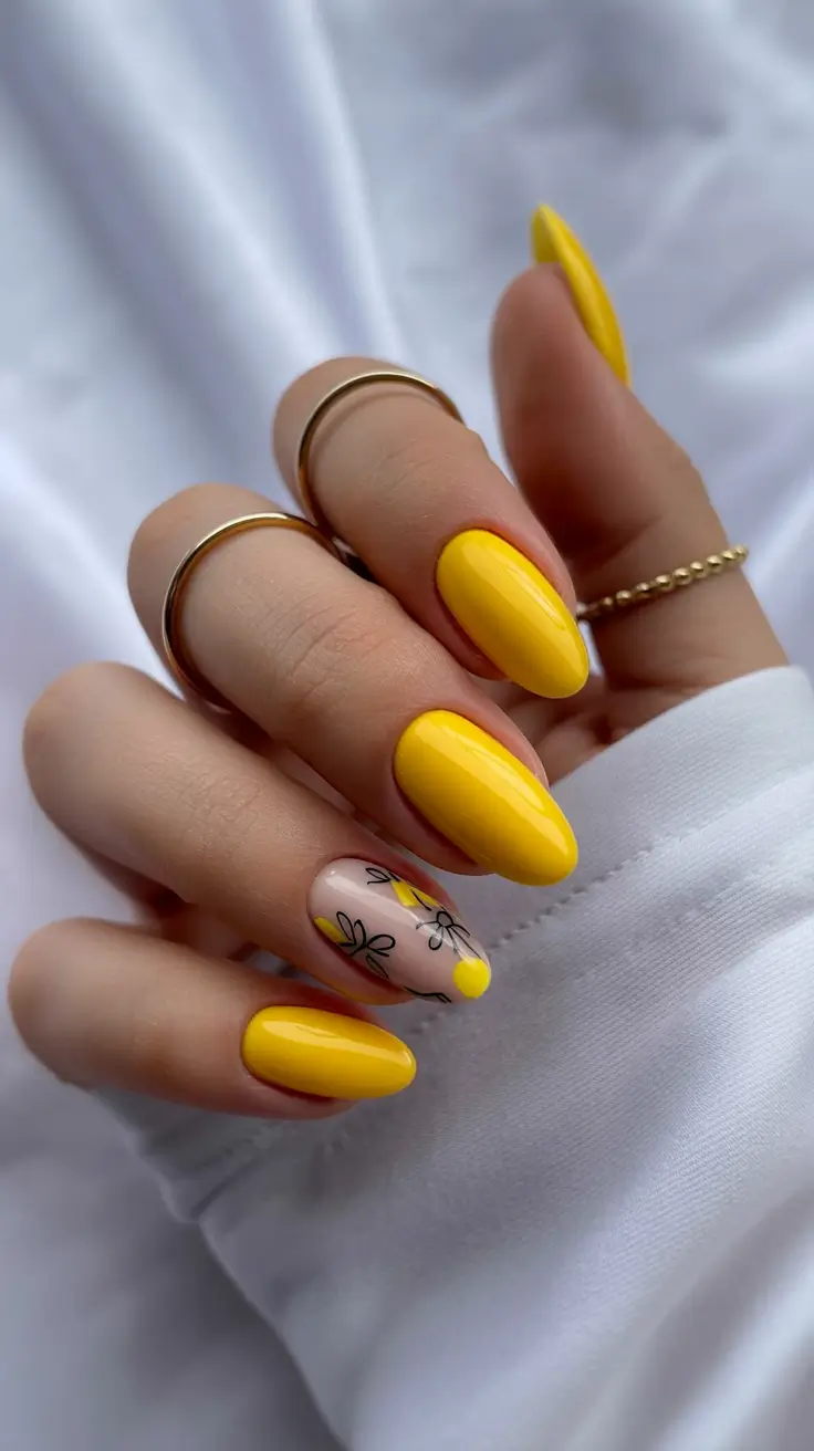 spring oval nails Sunlit Yellow Gloss With Minimal Floral Detail