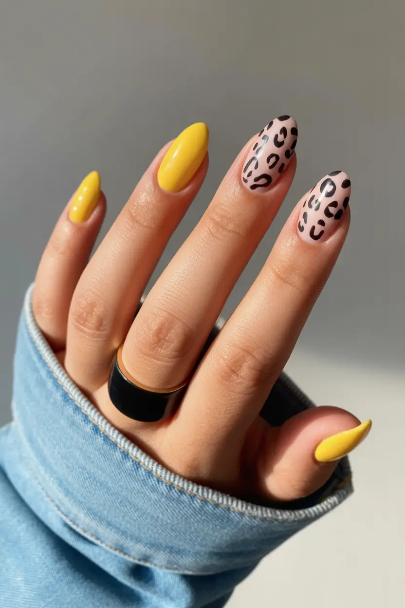 spring oval nails Bold Yellow And Leopard Accent For Playful Contrast