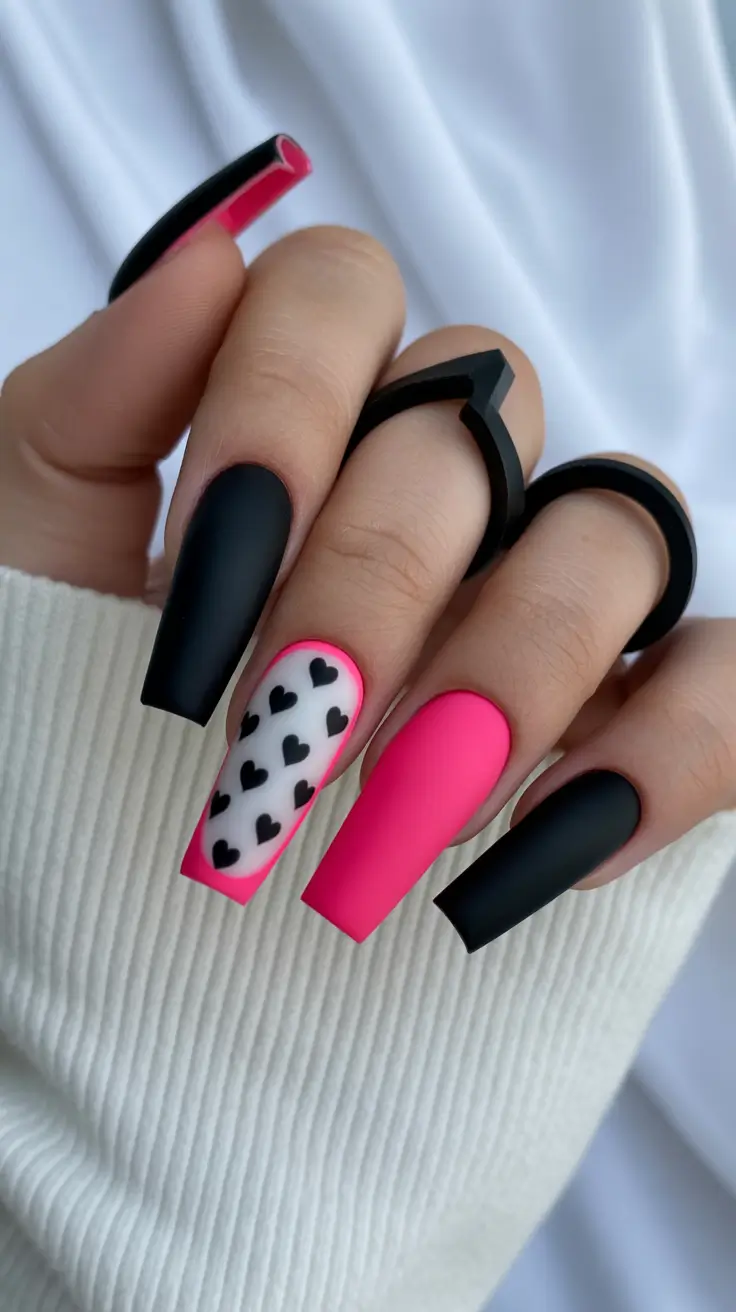 spring ballerina nails Matte Black and Neon Pink Ballerina Nails With Heart Details