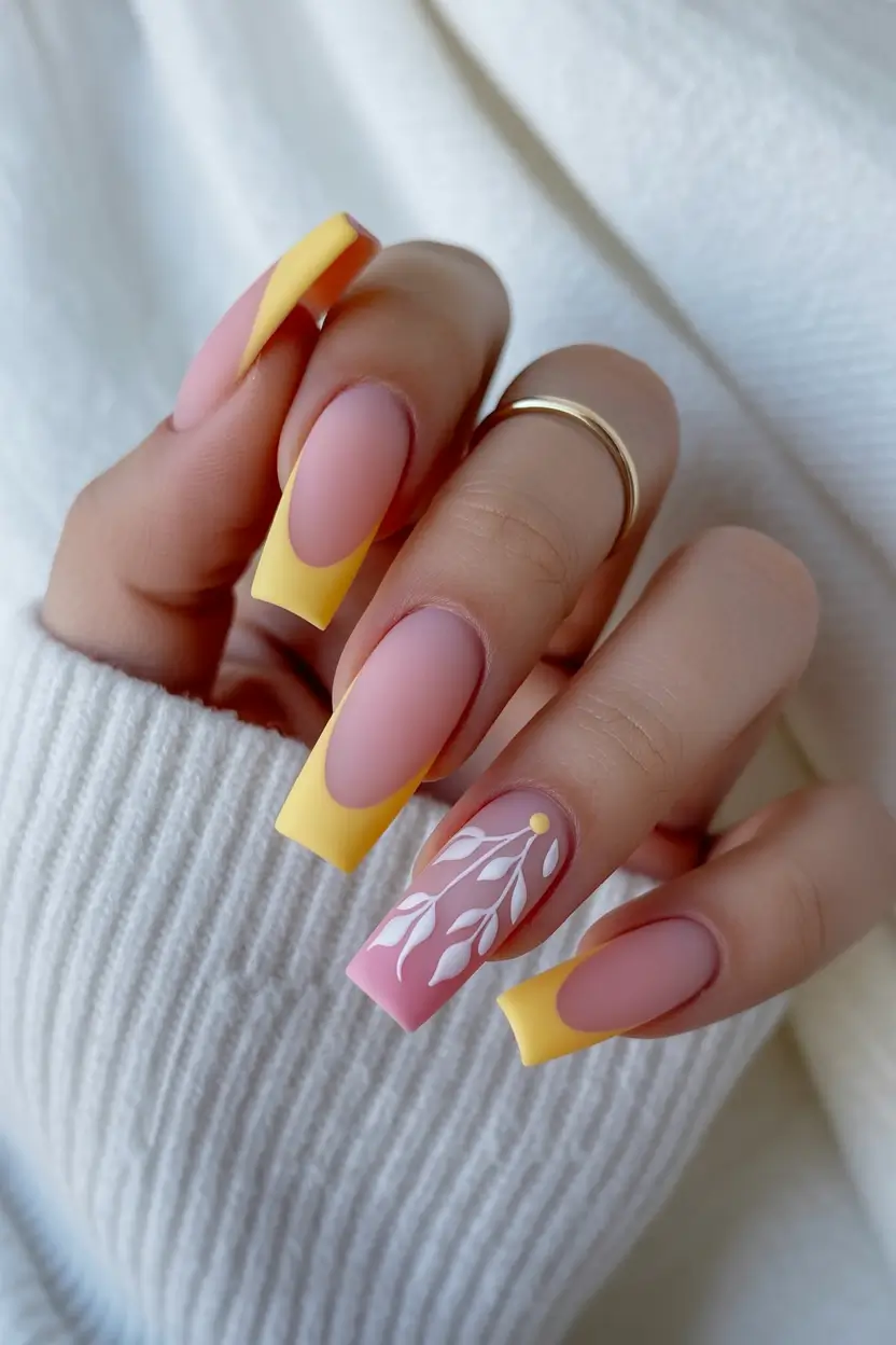 spring ballerina nails Butter Yellow French Ballerina Nails With Botanical Art