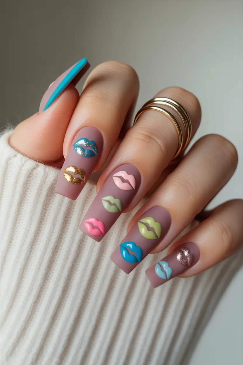 spring ballerina nails Playful Pop Art Lip Designs on Matte Mauve Ballerina Nails