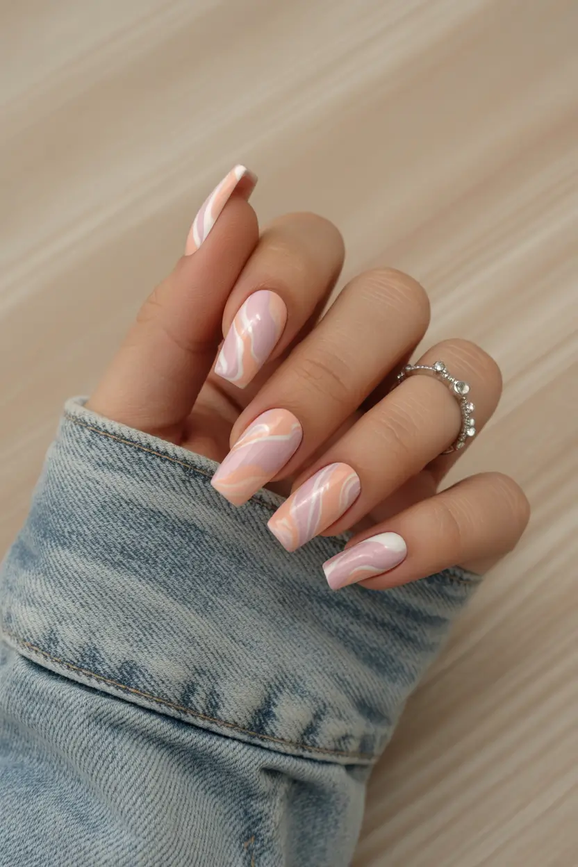 spring ballerina nails Soft Peach Marble Ballerina Nails With Glossy Spring Glow