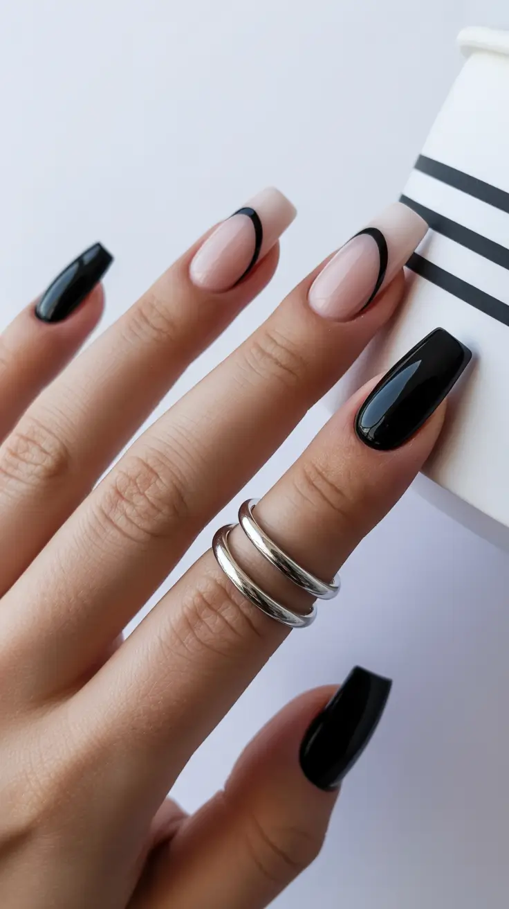 spring ballerina nails Minimal Black Graphic Lines on Nude Ballerina Nails