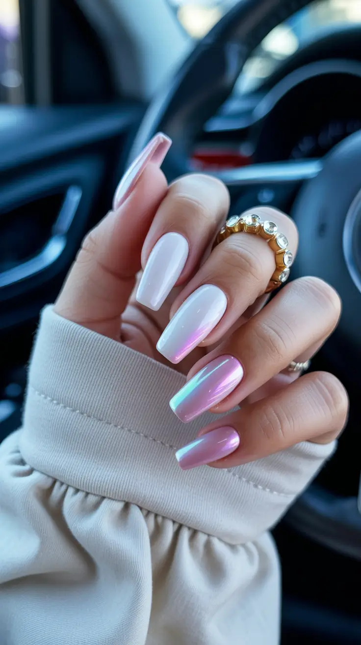 spring ballerina nails Soft Pink Pearl Chrome Ballerina Nails