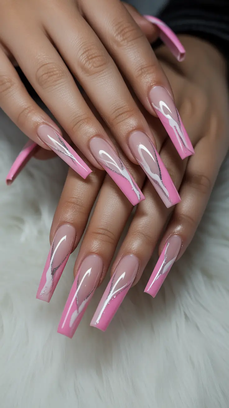 spring ballerina nails Glossy Pink Swirl Ballerina Nails With Metallic Detail