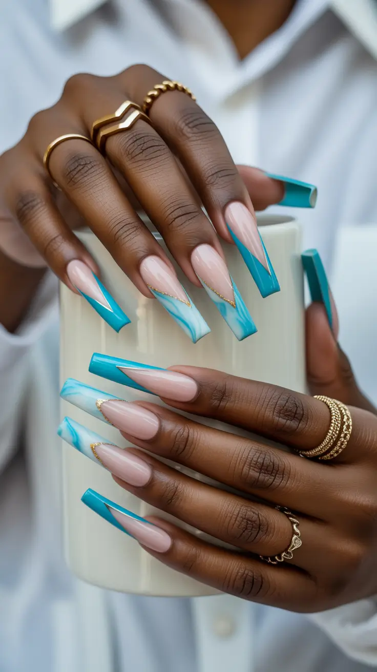 spring ballerina nails Turquoise Marble French Ballerina Nails With Gold Detail