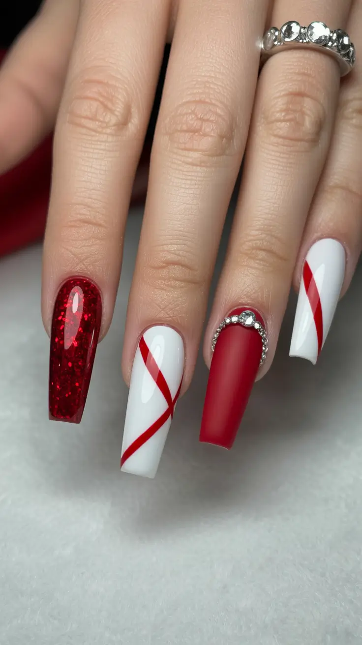 spring ballerina nails Bold Red Glitter and Graphic Ribbon Accent Ballerina Nails