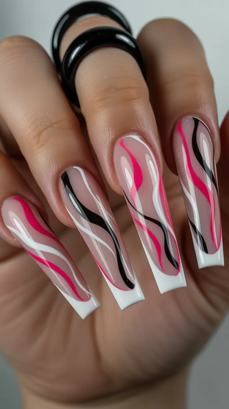 spring ballerina nails Modern Pink and Black Wave Art on Nude Ballerina Nails