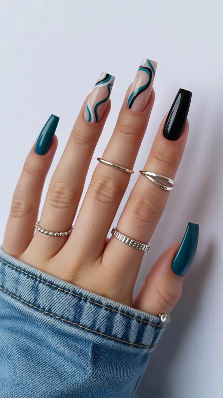spring ballerina nails Teal and Black Abstract Ballerina Nails With Minimalist Energy