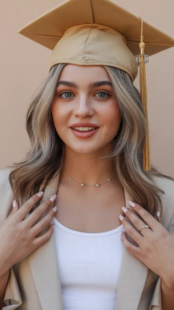 graduation hairstyles ideas 2026 Soft Layered Waves With Graduation Cap