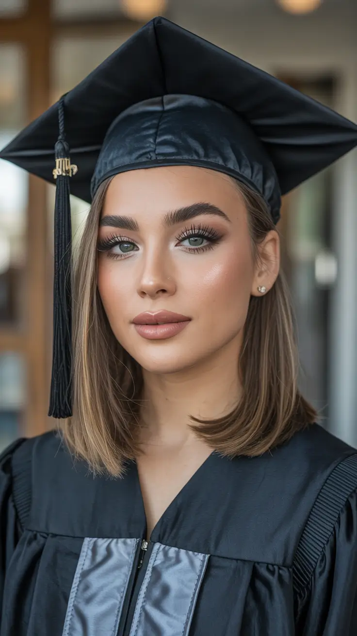 graduation hairstyles ideas 2026 Shoulder Length Graduation Bob With Cap