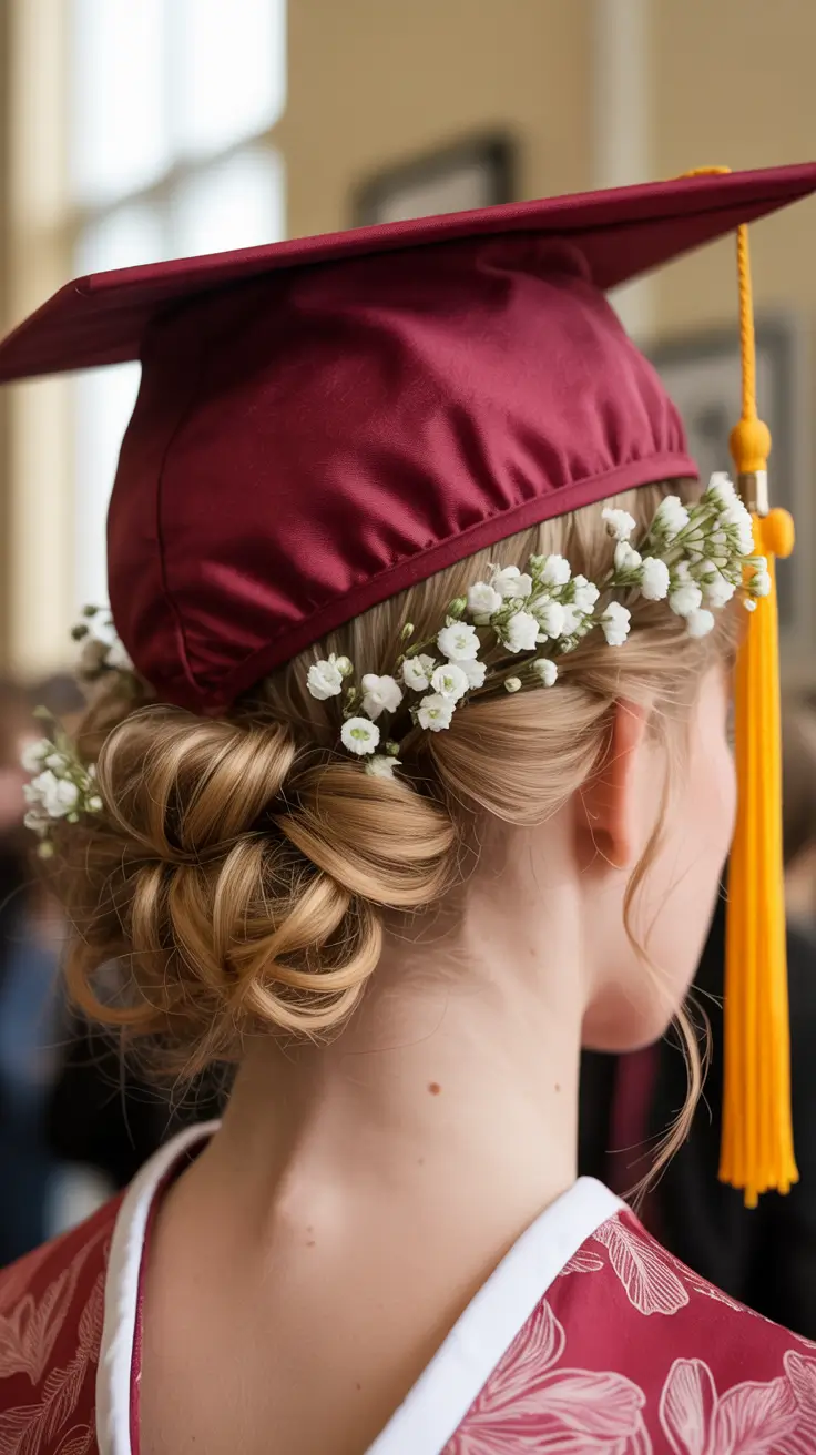 graduation hairstyles ideas 2026 Romantic Low Bun With Floral Details