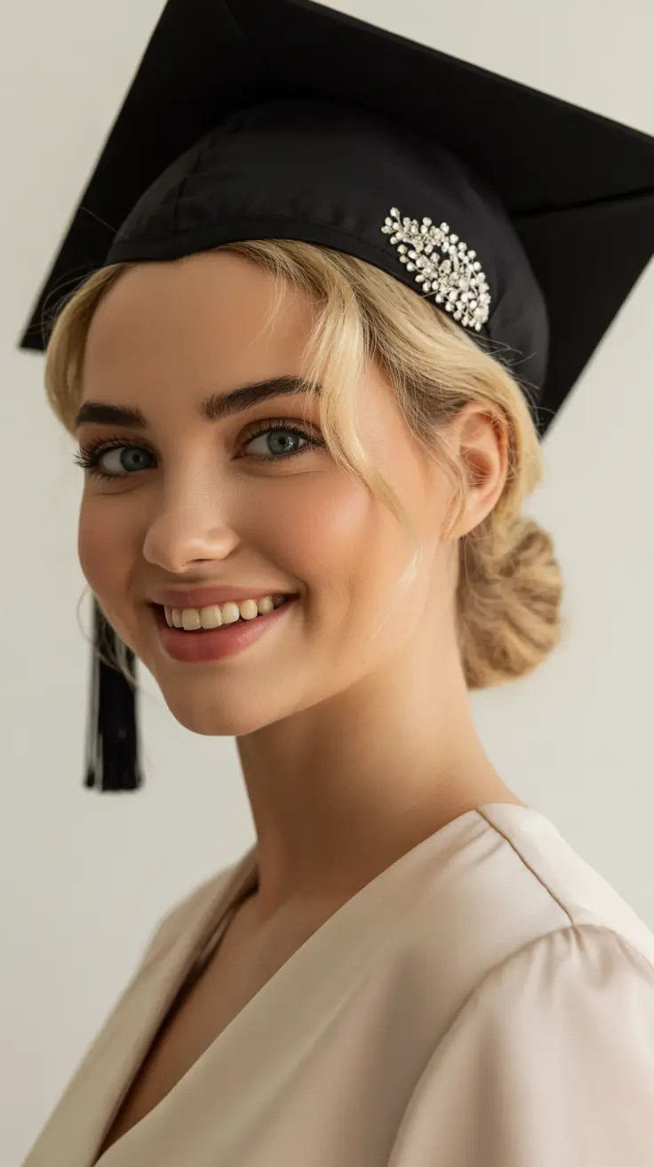 graduation hairstyles with cap ideas 2026 Elegant Cap Low Bun With Soft Face Framing Strands