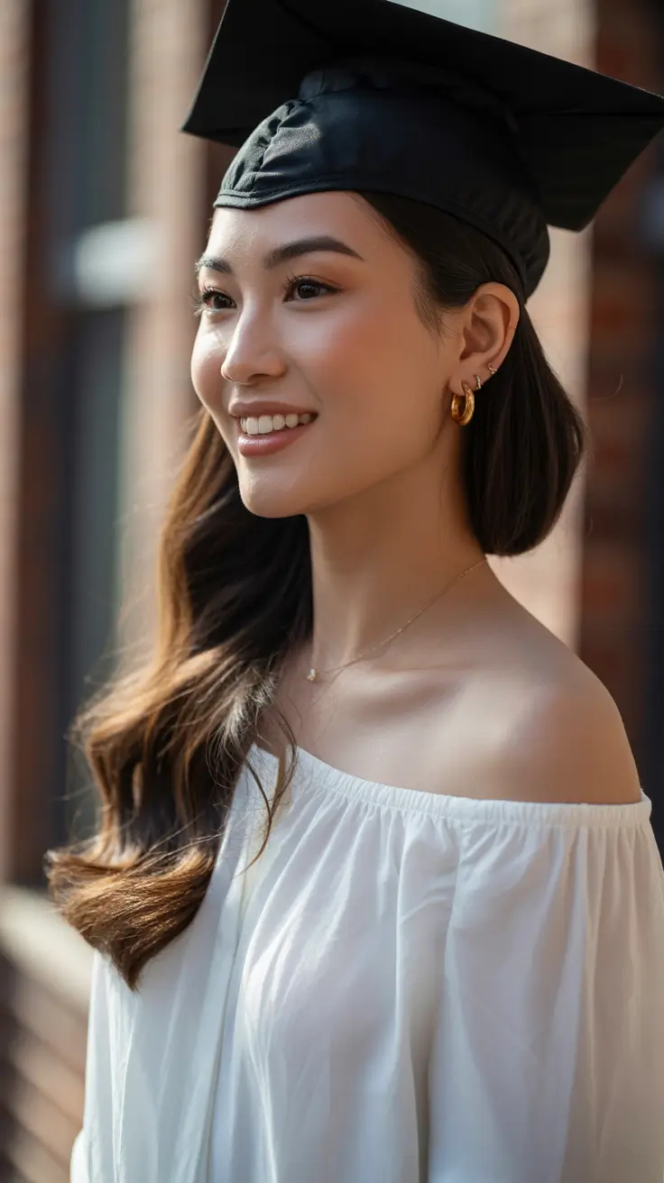 graduation hairstyles with cap ideas 2026 Side Swept Cap Long Hair With Natural Flow