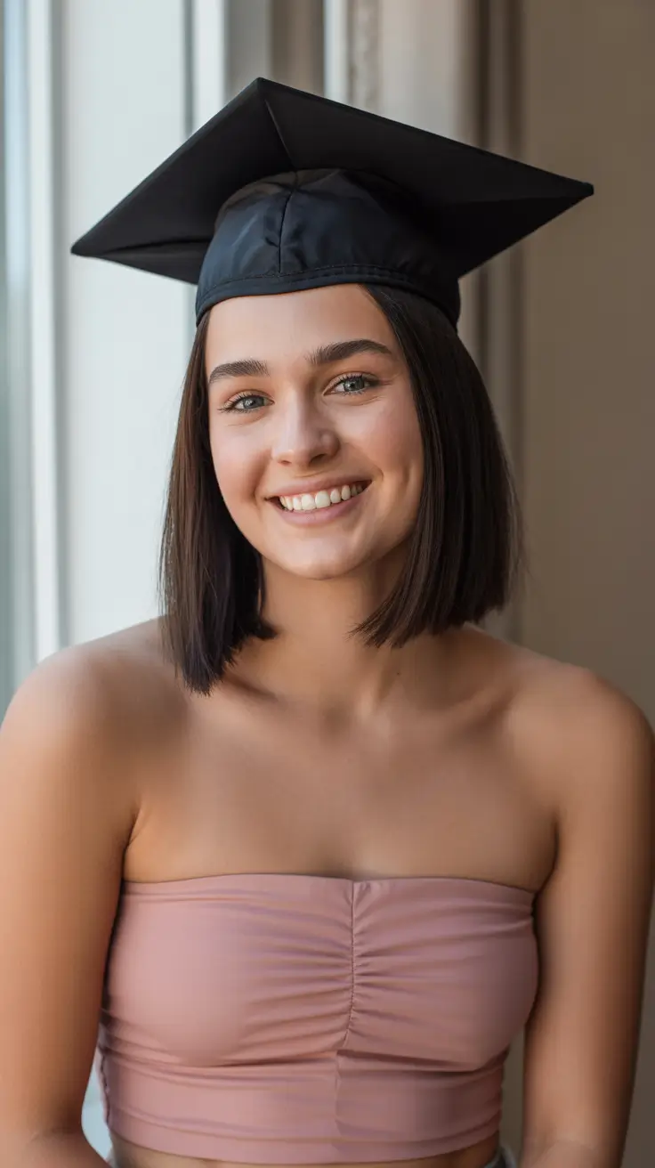graduation hairstyles with cap ideas 2026 Sleek Short Hair Graduation Look Under The Cap