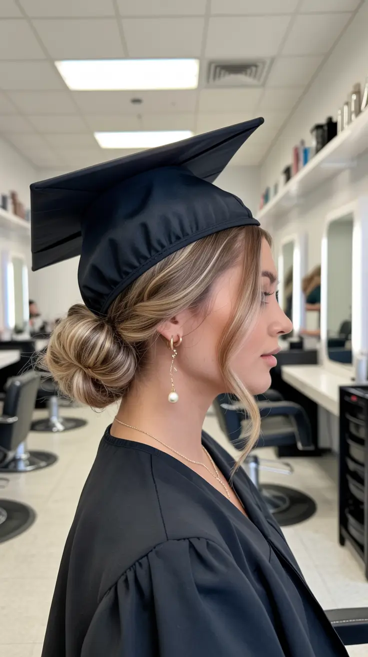 graduation hairstyles with cap ideas 2026 Romantic Cap Low Bun With Soft Highlighted Waves