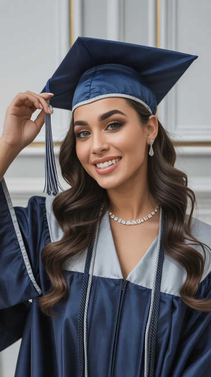graduation hairstyles with cap ideas 2026 Polished Glam Waves Graduation Look With Cap