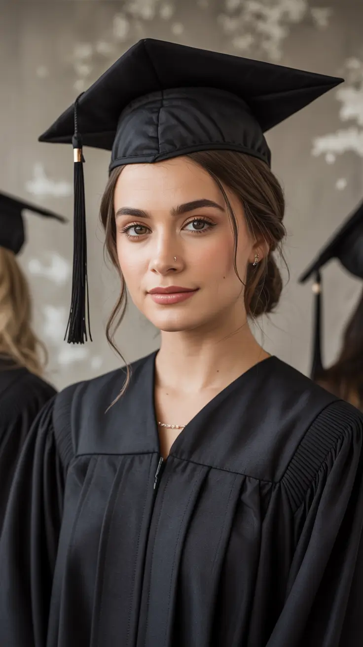 graduation hairstyles with cap ideas 2026 Soft Graduation Updo With Cap For A Classic Ceremony Look