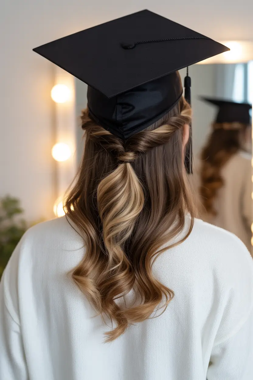 graduation hairstyles with cap ideas 2026 Half Up Half Graduation Hairstyle With Cap