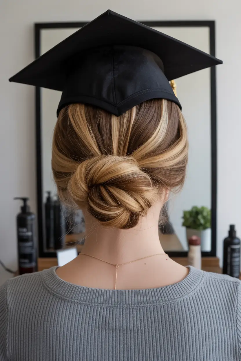 graduation hairstyles with cap ideas 2026 Low Twisted Bun Graduation Hairstyle With Cap