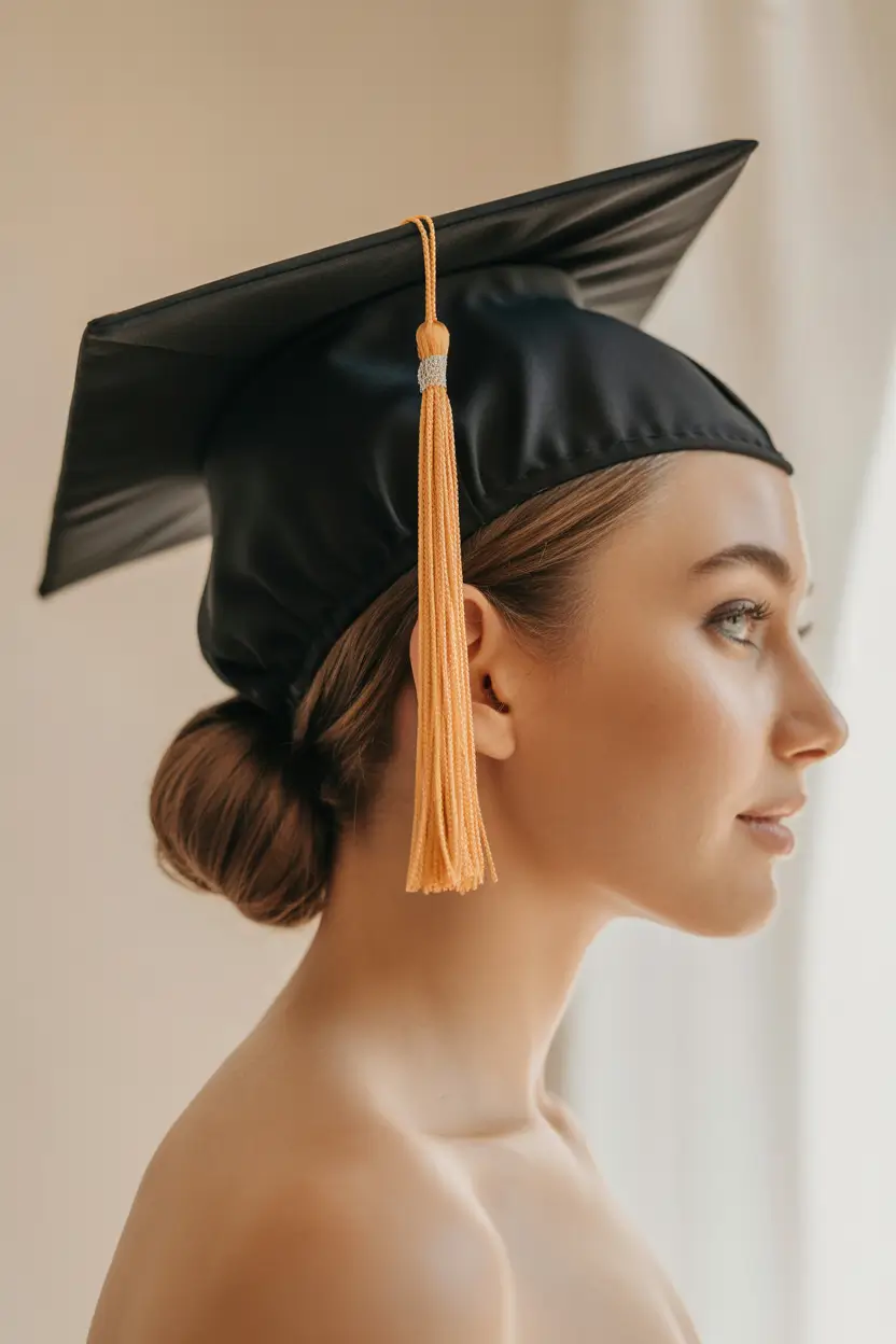 graduation hairstyles with cap ideas 2026 Sleek Graduation Low Bun With Tassel Detail