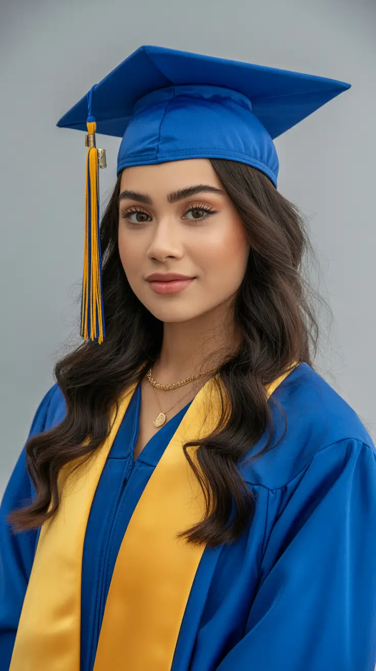 graduation hairstyles with cap ideas 2026 Classic Graduation Waves With Bright Cap Color Contrast