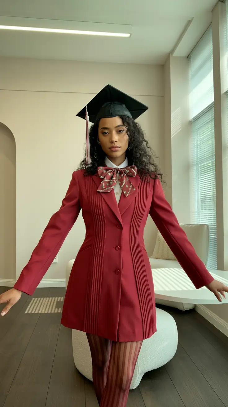 graduation look ideas 2026 Vintage Inspired Graduation Look With Structured Red Dress