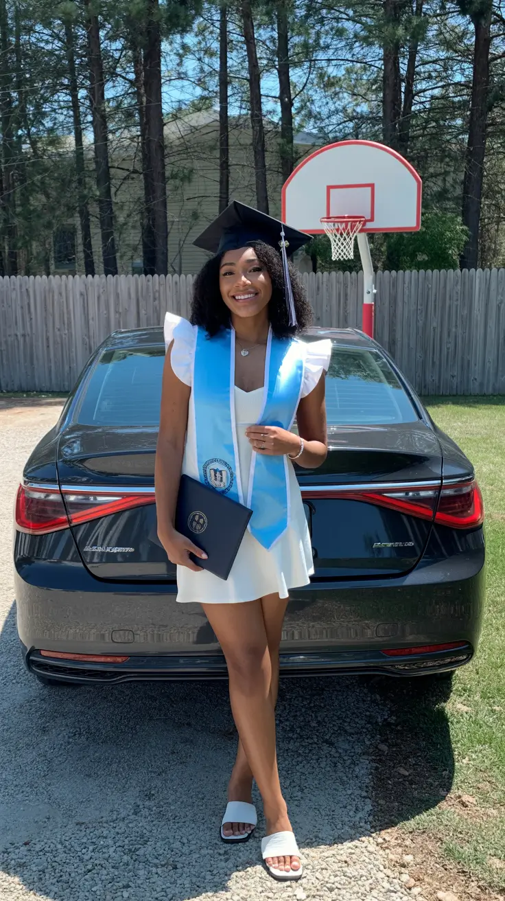 graduation look ideas 2026 Classic White Graduation Dress With Soft Academic Elegance