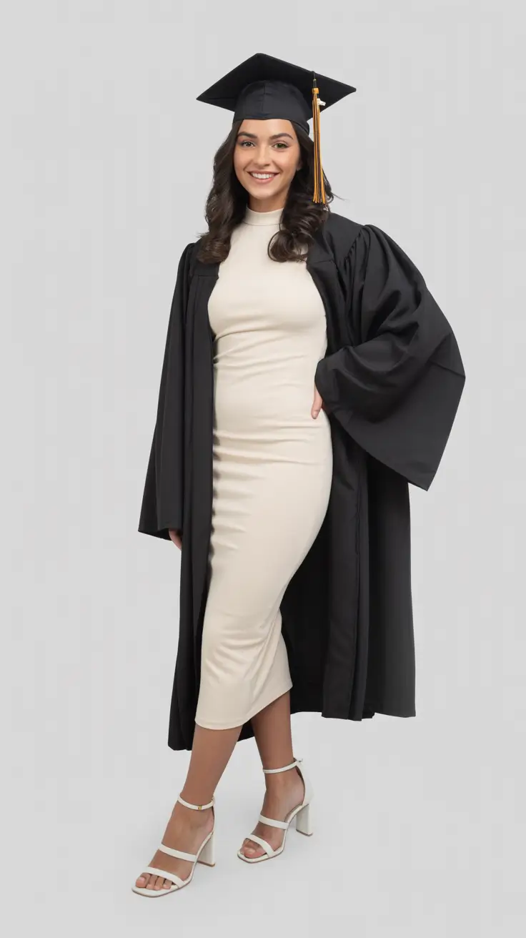 graduation look ideas 2026 Sleek Neutral Midi Dress For A Polished Graduation Style