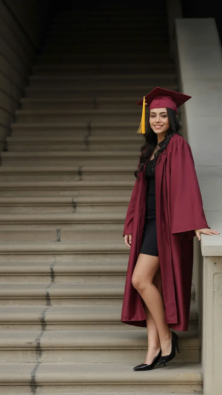 graduation look ideas 2026 Black Mini Dress With Burgundy Graduation Gown Contrast