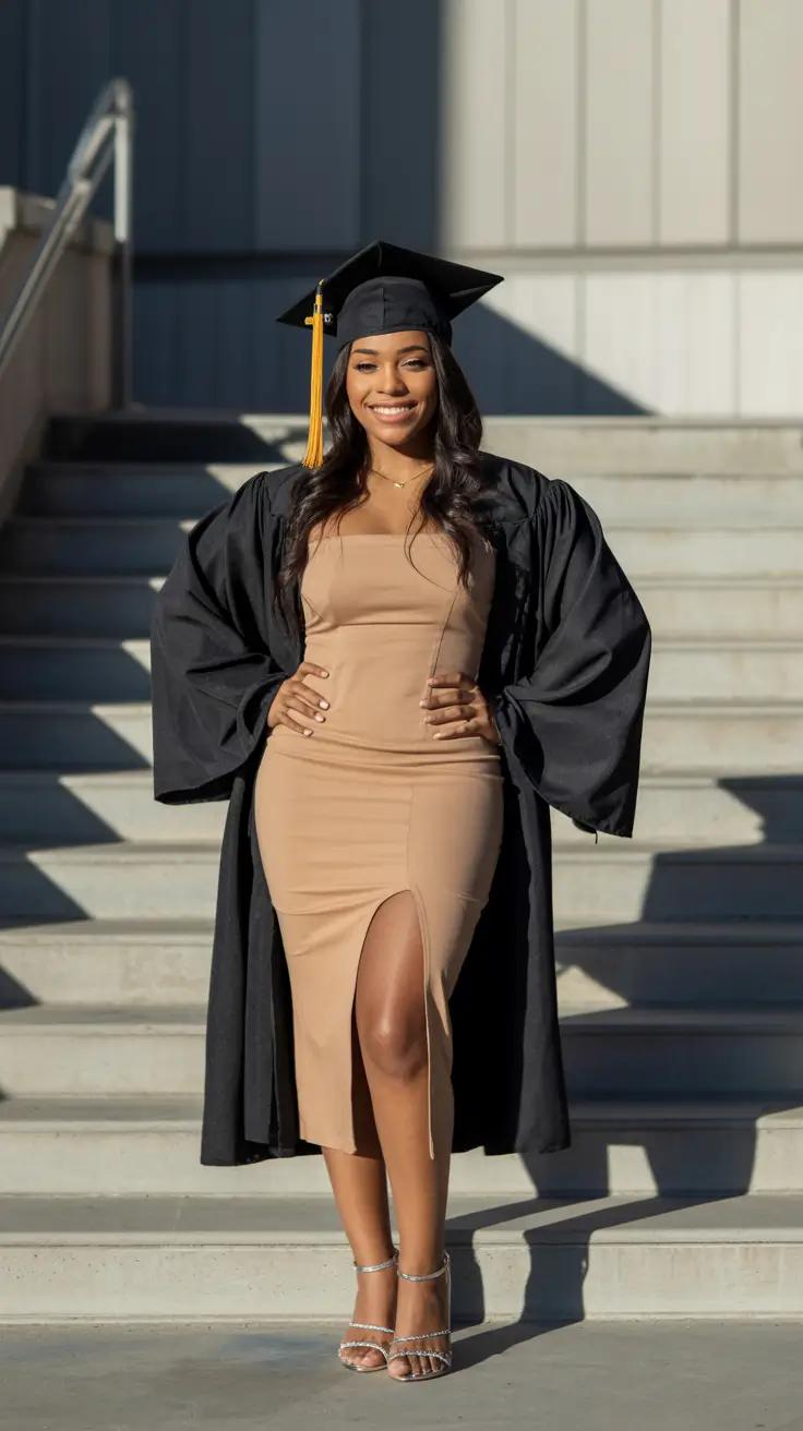 graduation look ideas 2026 Neutral Bodycon Graduation Dress With Modern Minimal Confidence