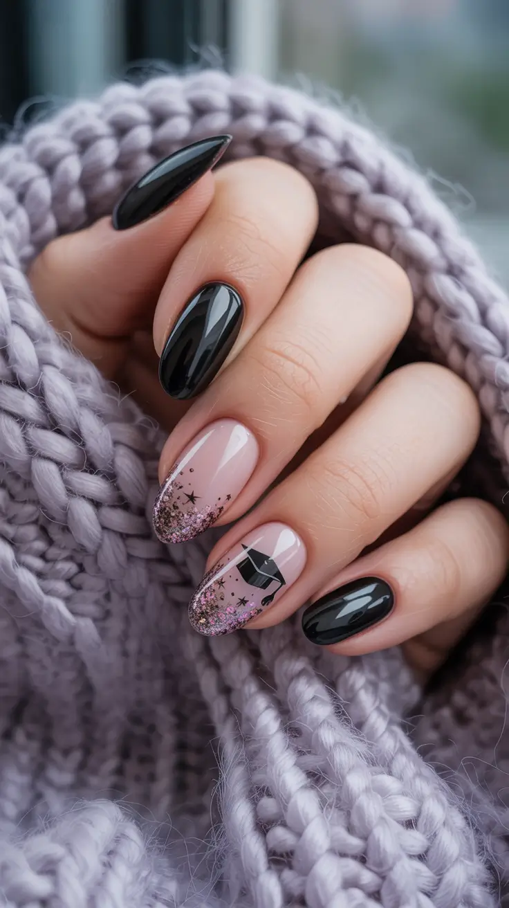 graduation nail color ideas 2026 Glossy Black Graduation Nails With Subtle Glitter Accent