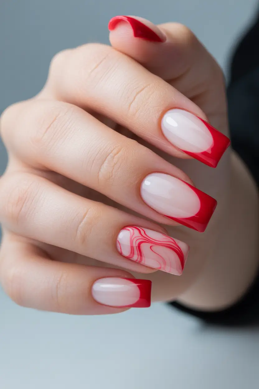 graduation nail color ideas 2026 Classic Red French Graduation Nails With Marble Accent