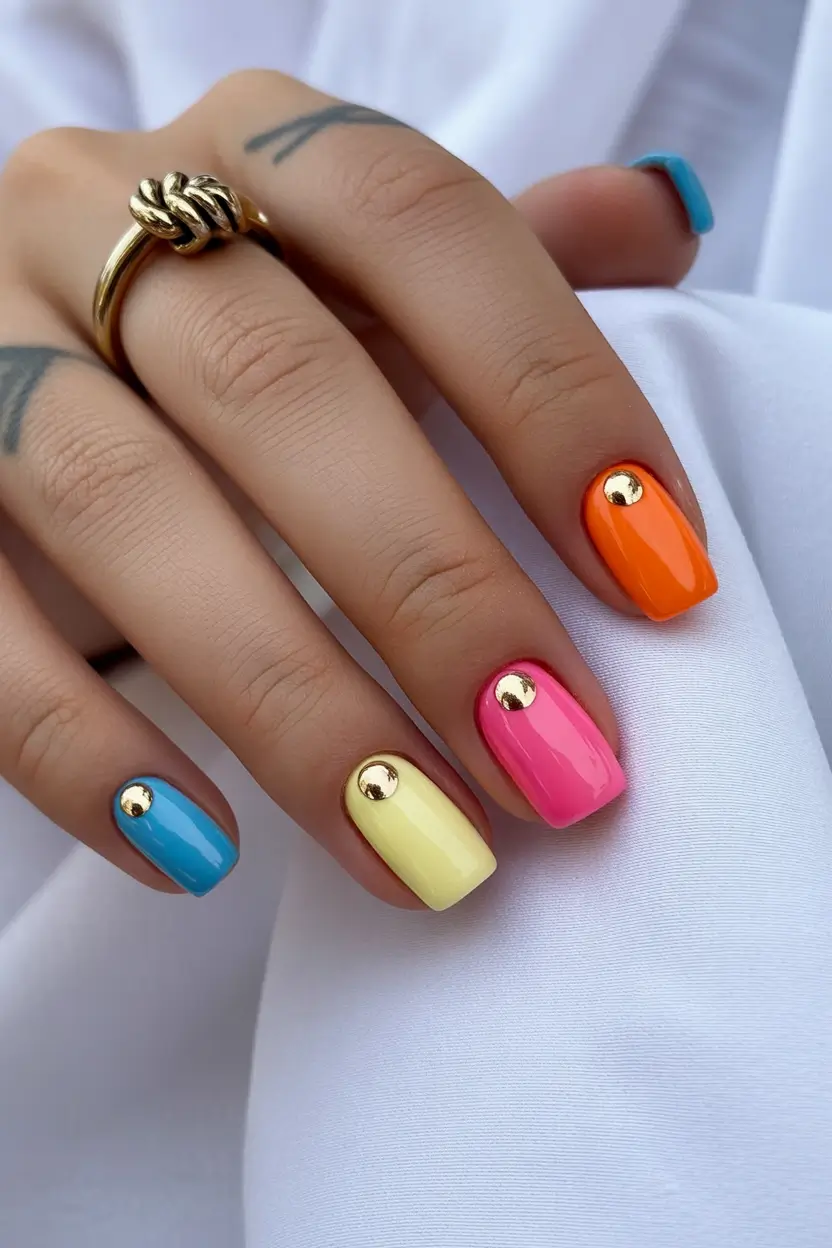 graduation nail color ideas 2026 Playful Bright Graduation Nails With Multicolor Solid Shades