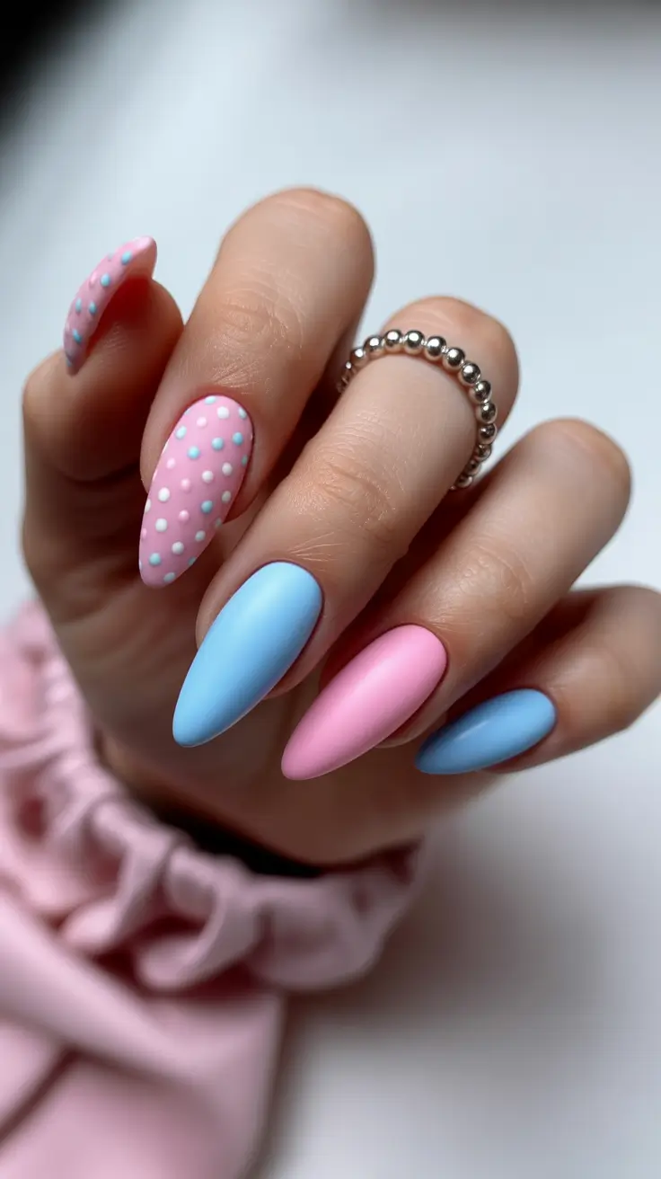 graduation nail color ideas 2026 Pastel Pink And Blue Cute Graduation Nails With Polka Dots