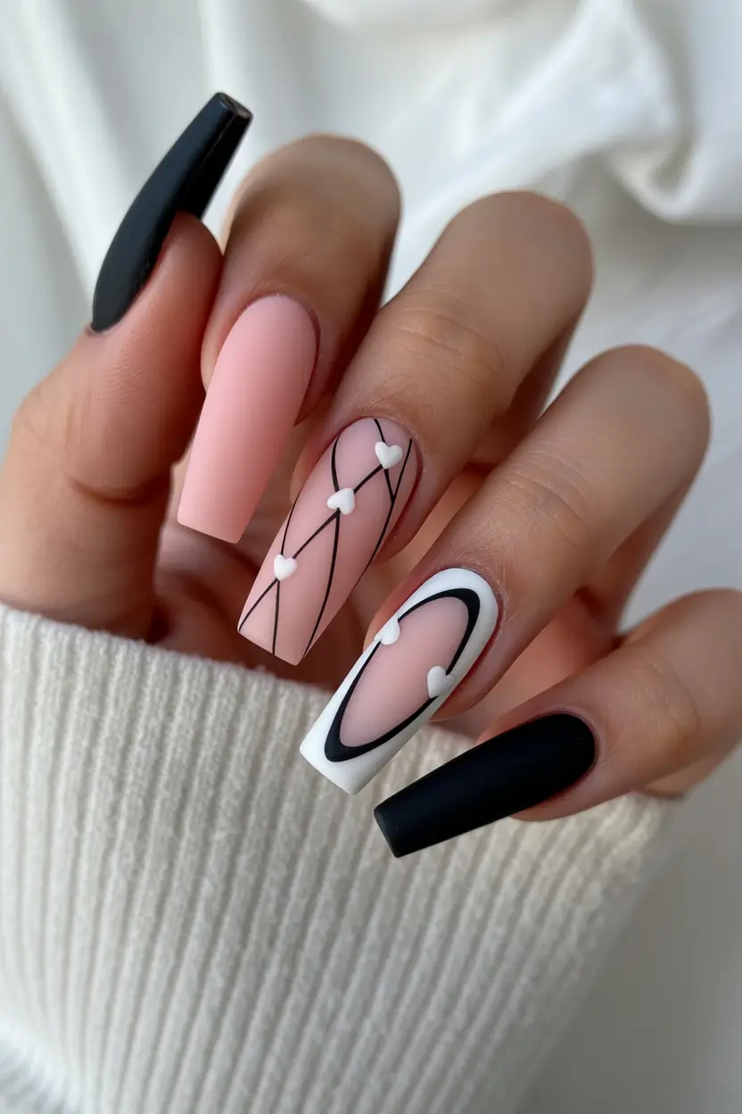 graduation nail color ideas 2026 Modern Pink And Black Graduation Nails With Cute Heart Details